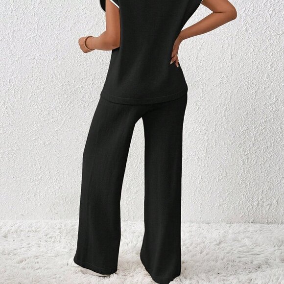 Black Preppy Women's Loose Knit Casual Contrast Trim Drawstring Sweater & Pants - Picture 2 of 7